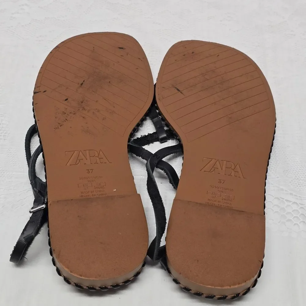 ZARA T-strap Thong Flat Sandals Black Genuine Leather Boho Minimalist 6.5 - Picture 7 of 8